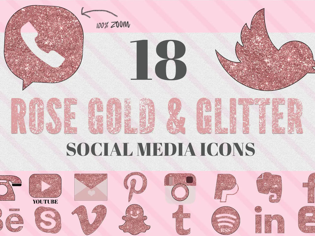 Rose Gold glitter Social Media Icons - Digital